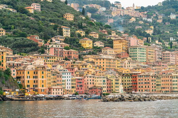Colorful Waterfront Houses and Harbor Lighthouse in Camogli, Italian Riviera