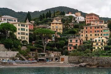 Hillside Houses on Rocky Coastline in Camogli, Italian Riviera