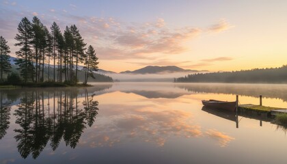 Fototapeta premium Serene Lake at Sunrise with Boat and Tree Reflections