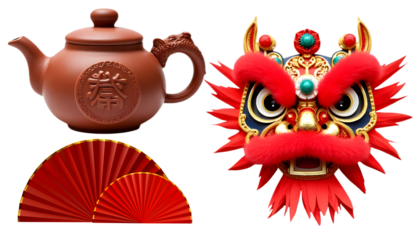 Traditional Chinese teapot and fan alongside a vibrant lion dance mask on a white background
