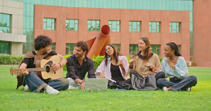 Indian young adult gen z male man group hold guitar play music lady woman group sing new song sitting garden park Happy relax girl boy team guy spend break time mood have fun joy enjoy good day place