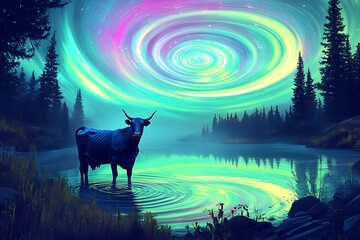 A breathtaking view of a cow standing by an iridescent lake under a swirling aurora, creating a surreal and stunning backdrop full of color and tranquility.