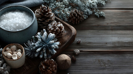 Rustic Winter Spa Still Life with Bath Salts and Frosted Pinecones