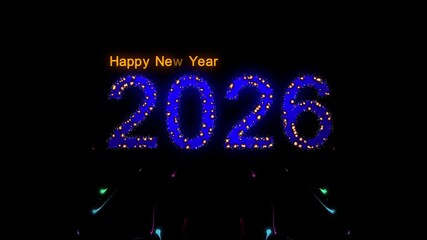 Glowing neon sign illustration celebrating a happy new year with a bright light symbol on a black night background