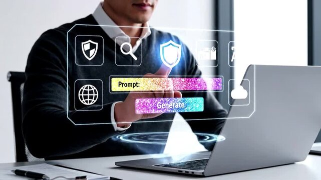 Businessman interacting with a futuristic holographic screen to generate AI content. Concept of prompt engineering, machine learning, and advanced future technology in a modern office.