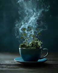 Aromatic Herbal Tea in Blue Cup with Steam Forming Leaf Shapes