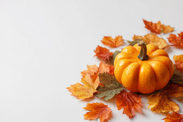 a single small orange pumpkin rests among scattered autumn leaves on a white background