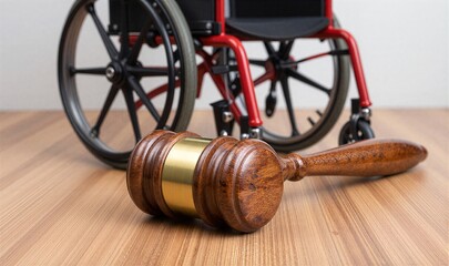 Wheelchair and gavel symbolize disability rights, justice, and legal advocacy for accessibility.