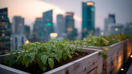 Urban Rooftop Garden with Fresh Green Vegetables in Wooden Planter Boxes