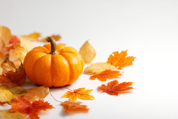 Naklejka premium Autumn pumpkin and vibrant colorful leaves scattered on a clean white background with ample copy space