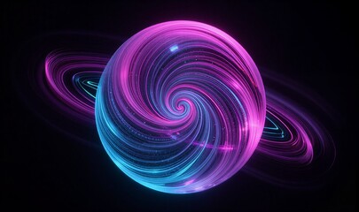 Neon spiral orb glowing pink and blue, cosmic energy swirls in dark void.