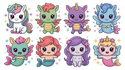 Obraz premium Collection of cute fantasy creatures including unicorns dragons mermaids and fairies in a kawaii cartoon style perfect for childrens illustrations and magical designs