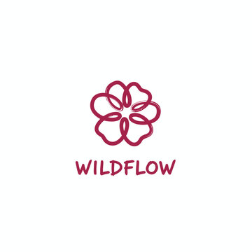Minimalist mono-line flower petal icon for organic beauty and boutique wellness branding featuring the elegant Wildflow script text logo.