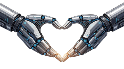 Robotic Hands Forming Heart Shape Symbolizing AI and Technology with Human Touch