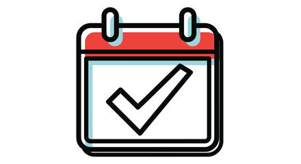 Calendar icon with a red header and a large black checkmark on the white page signifying a completed task or date.
