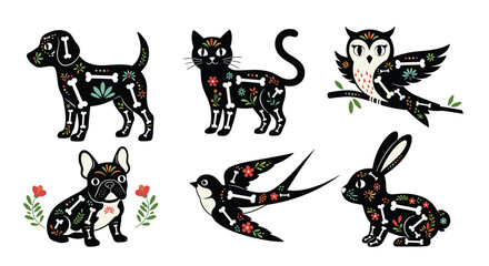 Day of the Dead animal skeletons including a dog cat owl and rabbit decorated with colorful flowers and patterns.