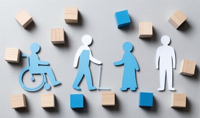 Diverse figures navigate blocks, symbolizing inclusivity and support for all abilities.