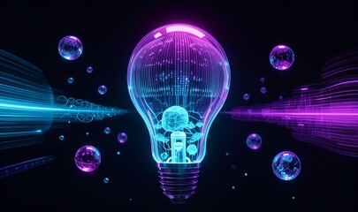 Neon lightbulb glowing with circuitry, surrounded by floating bubbles and vibrant energy waves.