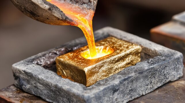 Medium shot of skilled worker pouring molten bismuth alloy into a precision mold for medical device components in a controlled foundry environment. - Powered by Adobe