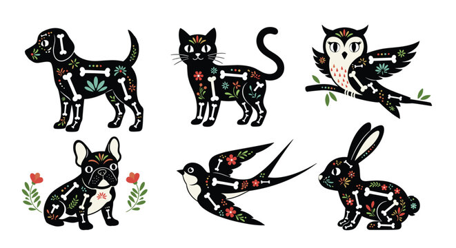 Day of the Dead animal skeletons including a dog cat owl and rabbit decorated with colorful flowers and patterns.