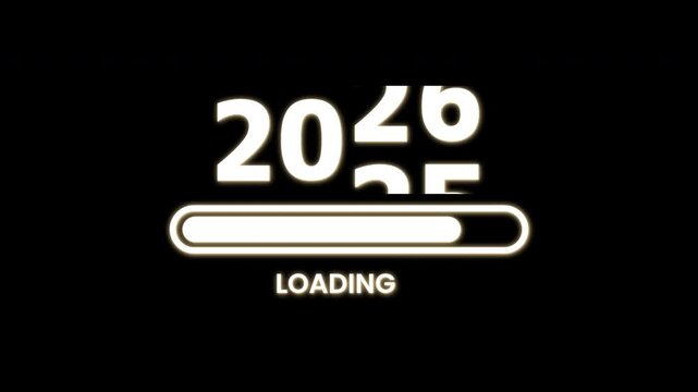 Neon Glowing 2025 to 2026 Year Transition Overlay with Sliding Numbers, Loading Bar, Alpha Channel
