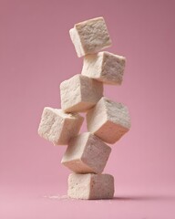 Minimalist Stack of Balanced White Tofu Cubes on a Soft Pink Background