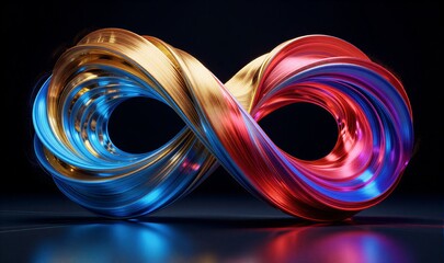 Vibrant, glowing infinity symbol swirls in rainbow hues against dark background.