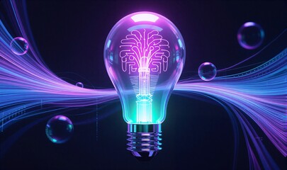 Neon lightbulb glowing with circuitry, surrounded by floating bubbles and vibrant energy waves.