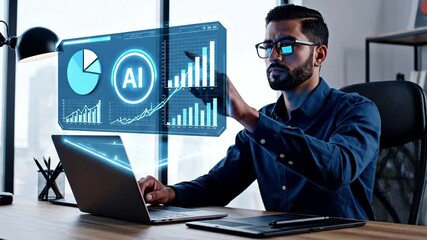 Professional businessman analyzing artificial intelligence data on a futuristic virtual screen in a modern office. Concept of AI, big data, innovation, and digital transformation. - Powered by Adobe