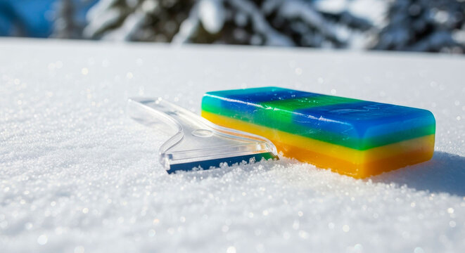 ski wax and scraper &ndash; ski wax bar and plastic scraper on snow. Suitable for ski maintenance and winter sports preparation themes.