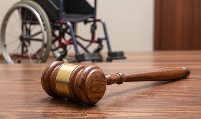 Wheelchair and gavel symbolize disability rights, justice, and legal advocacy for accessibility.