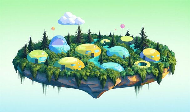A floating island covered in lush greenery and futuristic dome-shaped buildings, surrounded by clouds and trees under a clear sky. - Powered by Adobe