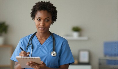 Black nurse in blue scrubs writes notes, stethoscope visible, focused and professional.