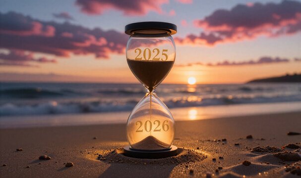 Golden hourglass on beach, marking passage from 2025 to 2026 at sunset.
