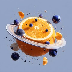 Surreal Cosmic Concept of an Orange Slice Planet with Icy Rings and Floating Berries