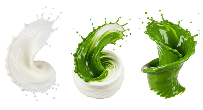 Hyperrealistic frozen splashes of white milk and green matcha, sharp droplets flying outward, on a transparent background, concept for beverage advertising