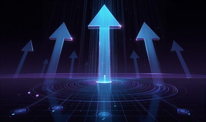 Blue arrows ascend in futuristic grid, glowing data streams against purple digital backdrop.
