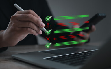 Digital checklist approval interface with green check and red cross icons on laptop screen, representing validation process, quality control, online review and decision making workflow.