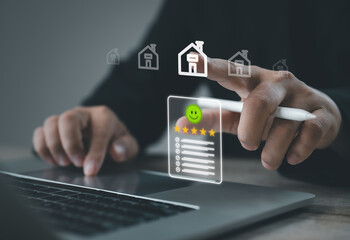 digital customer rating interface with five star satisfaction, checklist evaluation and home service review on laptop screen, representing quality assessment, feedback system and user experience.