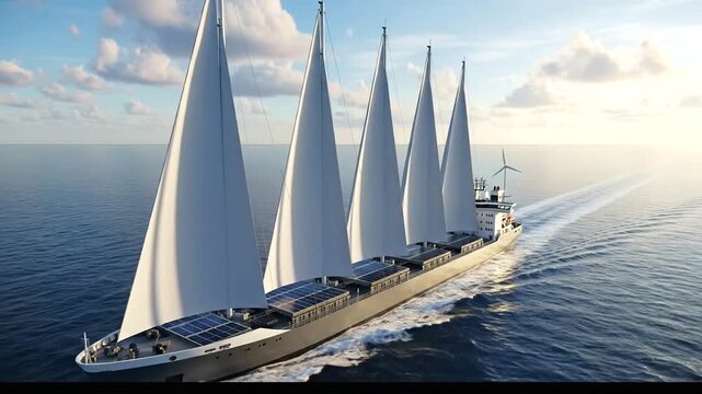 Modern cargo ship with multiple sails and wind turbine for sustainable ocean transport, cruising through blue waters under a partly cloudy sky.