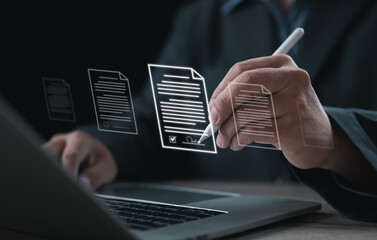 Business professional signing digital document on virtual interface, representing electronic signature, approval workflow, paperless process, contract management, and secure digital documentation.