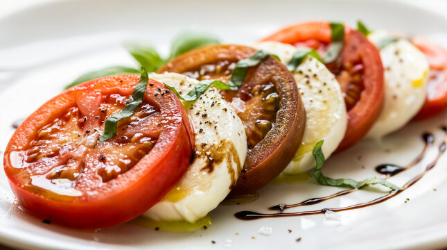 Caprese Salat mit Tomaten, Mozzarella und Basilikum, nah aufgenommen mit Oliven&ouml;l und Balsamico