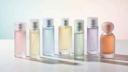Colorful niche perfume collection with unique bottle designs in soft pastel shades with copy space