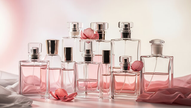 Perfume layering combinations with artistic bottles in warm sunlight and textured background	
