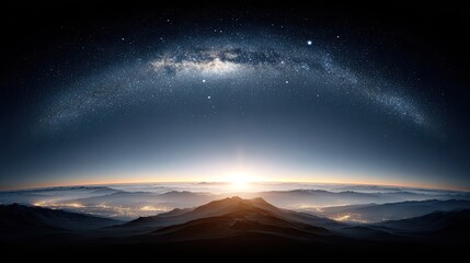 Celestial arc of stars illuminates a vast mountain range above a glowing valley settlement at twilight