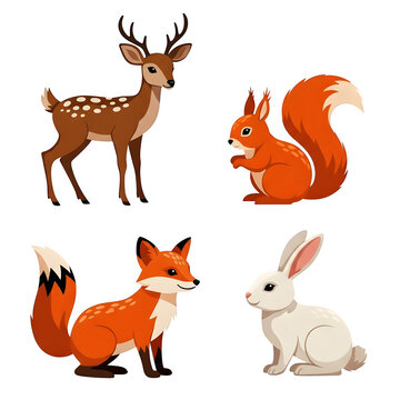 Four cartoon forest animals isolated on transparent background