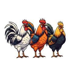 Fototapeta premium Three roosters isolated on transparent background with vibrant colors