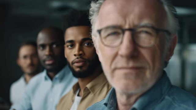 A senior businessman stands in front as camera focus shifts to a younger black professional behind him, showing a corporate team line inside a modern office space.