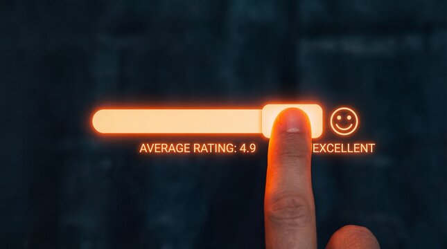 Finger pressing button to rate experience with excellent 4.9 average rating