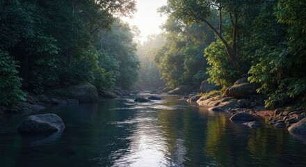 Serene river flows through lush, misty rainforest, sunlight filtering through dense canopy